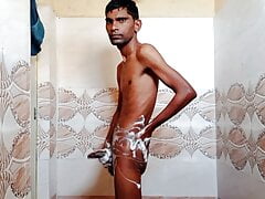 Rajesh showering in bathroom, masturbating dick and cumming