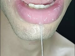 Cum in my mouth, play with your cum, and swallow it, close-up, naughty gay, tongue, sloopy