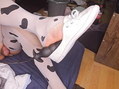 Femboy feet stink in ballerina and nylon and have sweated a lot