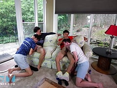 NastyTwinks - TV and Chill - Two couples watch tv, when they start fooling around.  Hot uncut Latinos and trading bottoms