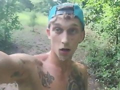 naked guy in the woods masturbates