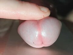 Extreme close up edging leaking oiled uncut foreskin wank multiple cum onto glass