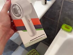 bought a new masturbator. I am testing an automatic masturbator. jerking off my cock in the shower
