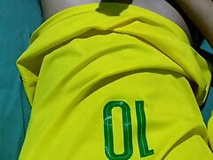 Brazilian young boy showing her body and masturbating her big thick shaved dick cheering for brazil in the world cup